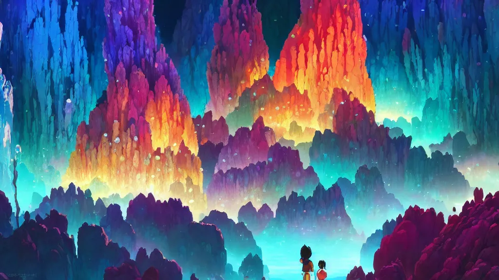 Image similar to colorful crystal cluster cave, studio ghibli, pixar and disney animation, sharp, rendered in unreal engine 5, highly detailed, digital painting, artstation, concept art, smooth, sharp focus, illustration, wide angle, artbook, wallpaper, splash art, promo art, dramatic lighting, art by artgerm and greg rutkowski and bo chen and jin xiaodi