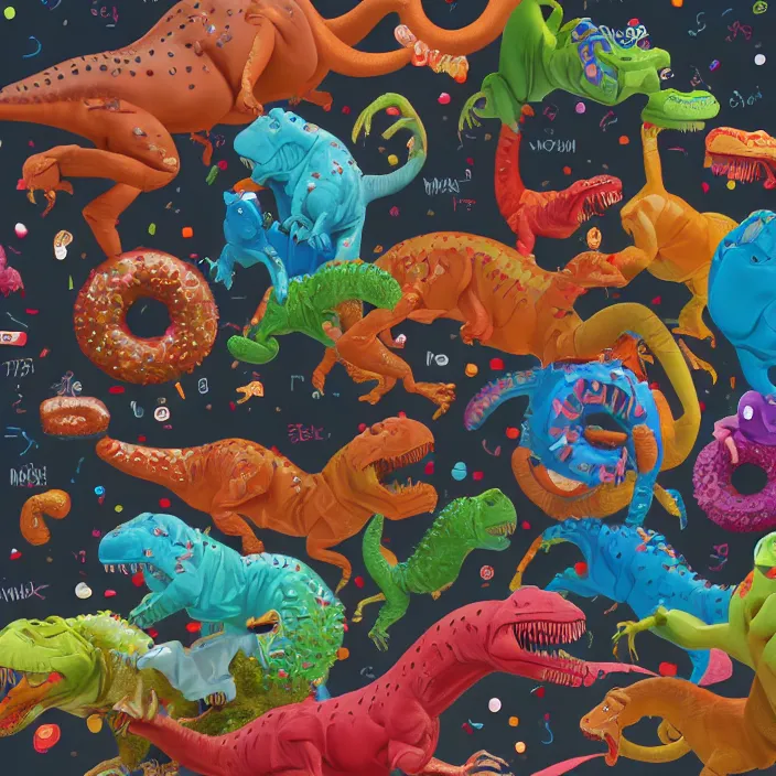 Prompt: t-rex surrounded by donuts, digital art, 4k