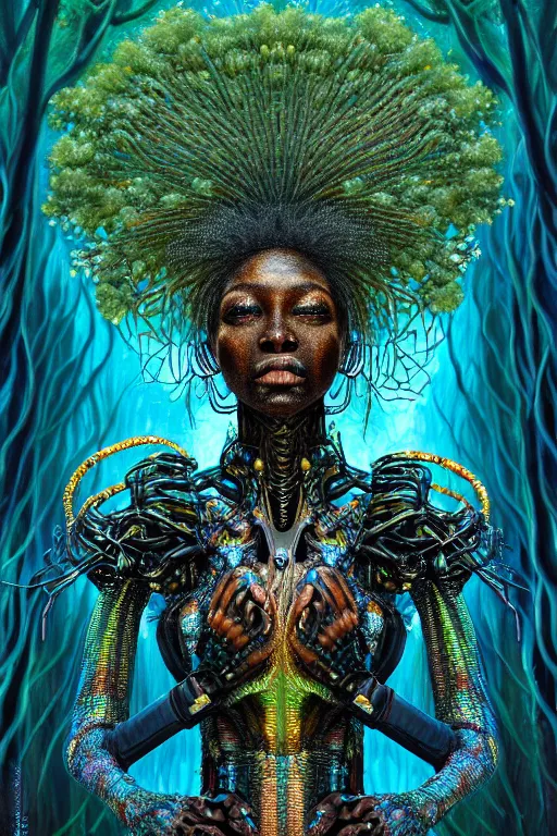 Image similar to hyperrealistic post-maximalist super expressive! black woman with exoskeleton armor, merging with tree in a forest, highly detailed digital art masterpiece smooth cam de leon hannah yata dramatic pearlescent blue teal light ground angle hd 8k sharp focus