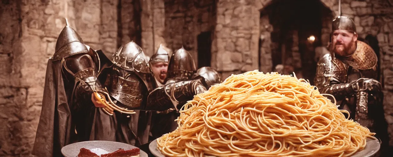 Image similar to knights protecting a giant mound of spaghetti, in a medieval castle, canon 5 0 mm, super detailed face, facial expression, cinematic lighting, photography, retro, film, kodachrome