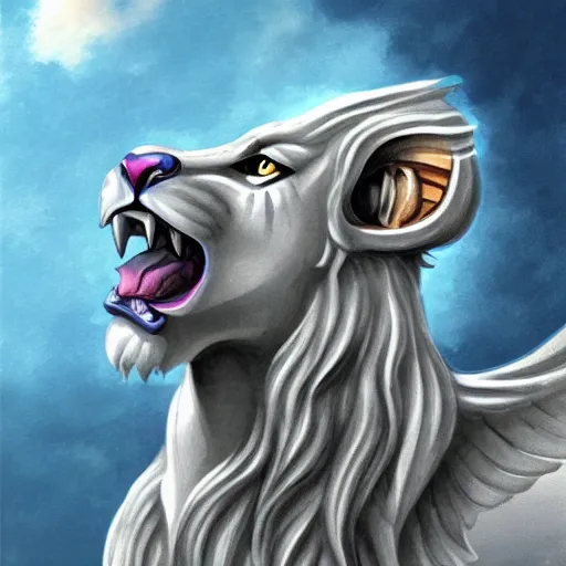 Prompt: a winged lion, fantasy illustration
