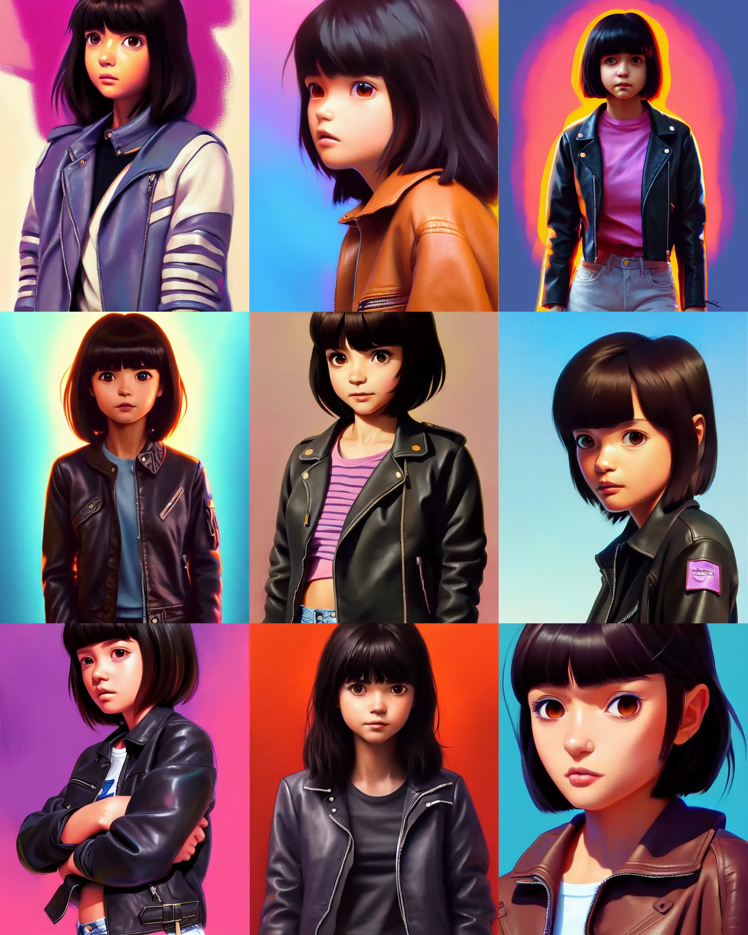 Prompt: real 2 0 year old dora the explorer wearing leather jacket, fine detail!! anime!! realistic shaded lighting!!, kim hyun joo, digital painting by ilya kuvshinov, magali villeneuve, artgerm, jeremy lipkin and michael garmash and rob rey