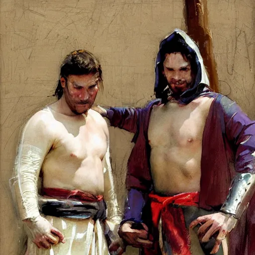 Image similar to portrait of men wearing medieval clothes wrestling, detailed by greg manchess, craig mullins, bernie fuchs, walter everett