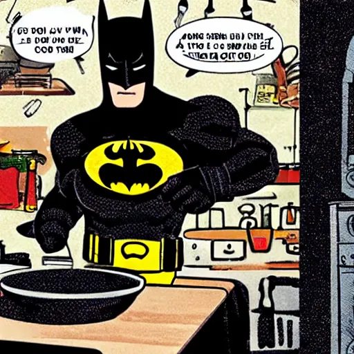 Image similar to batman cooking with a wok pan in a cozy french kitchen, comic book style