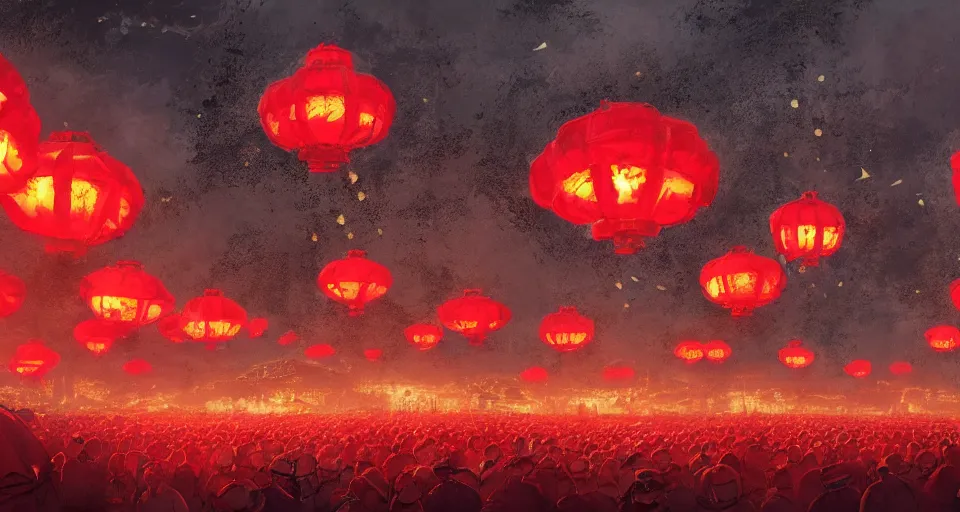 Image similar to craig mullins and ghibli digital art of zhongyuan festival in china ， red lanterns in the sky, black night sky, stars, below is the crowd, rivers, villages ， unreal engine, hyper realism, realistic shading, cinematic composition, realistic render, octane render, detailed textures, photorealistic, wide shot