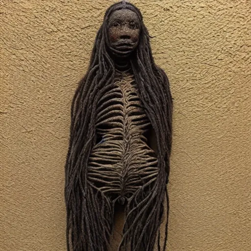 Prompt: dmt bodies. Mesh of human figures intertwined. earthen colors. The medium of this sculpture is human hair. A mess of human hair. Matted hair woven dreadlock sculpture. Tangled splitend hair. barbershop floor. Sculpted of coconut fibers. Surreeal fibrous art. Designed by August Rodine.