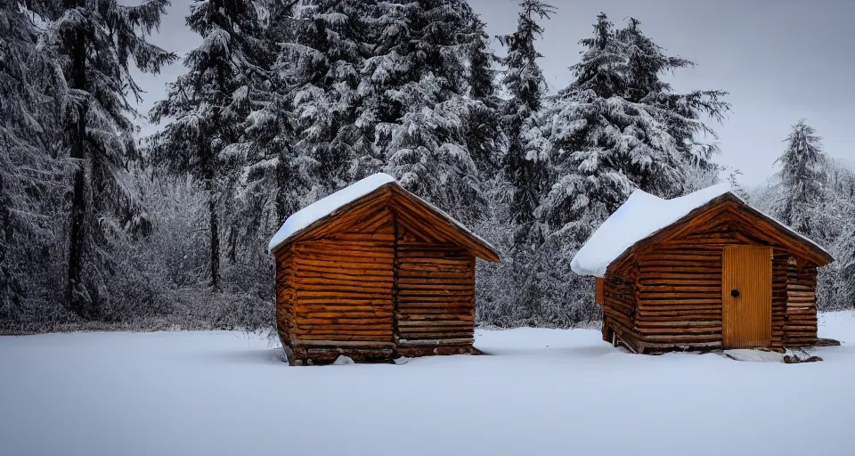 Image similar to a wooden hut at a clearing in the woods, snowy, light inside the hut, realistic, epic composition, 4 k