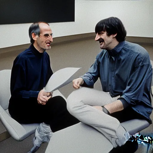 Image similar to photograph steve jobs discussing happier times with douglas adams on campus 1 9 8 8, healthy, in thomas ruff style, 3 5 mm ektachrome