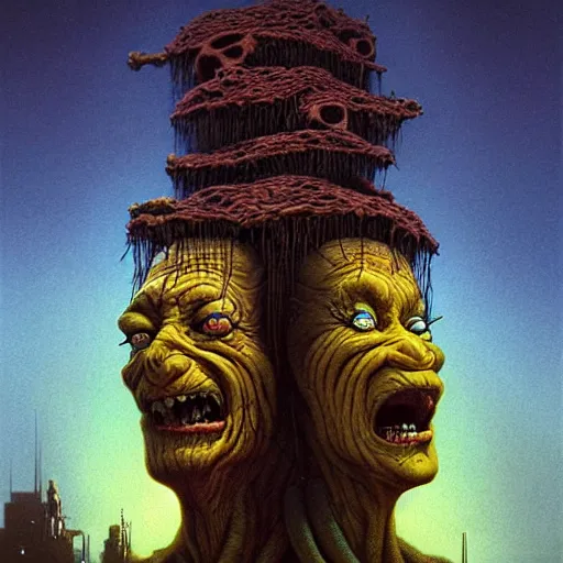 Image similar to kang and kodos ( the simpsons halloween special ) by beksinski and tristan eaton, dark neon trimmed beautiful dystopian digital art