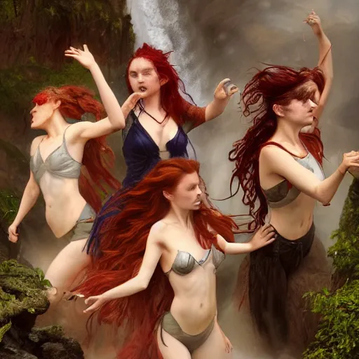 Image similar to an extremely detailed portrait of four polyamorous red haired vampire queens dancing while hiding from a thunderstorm in a cave behind a waterfall, epic fantasy, viewed in profile from far away, sharp focus, detailed face, art by greg rutkowski and alphonse mucha, volumetric lighting, 4 k resolution, trending on artstation, masterpiece