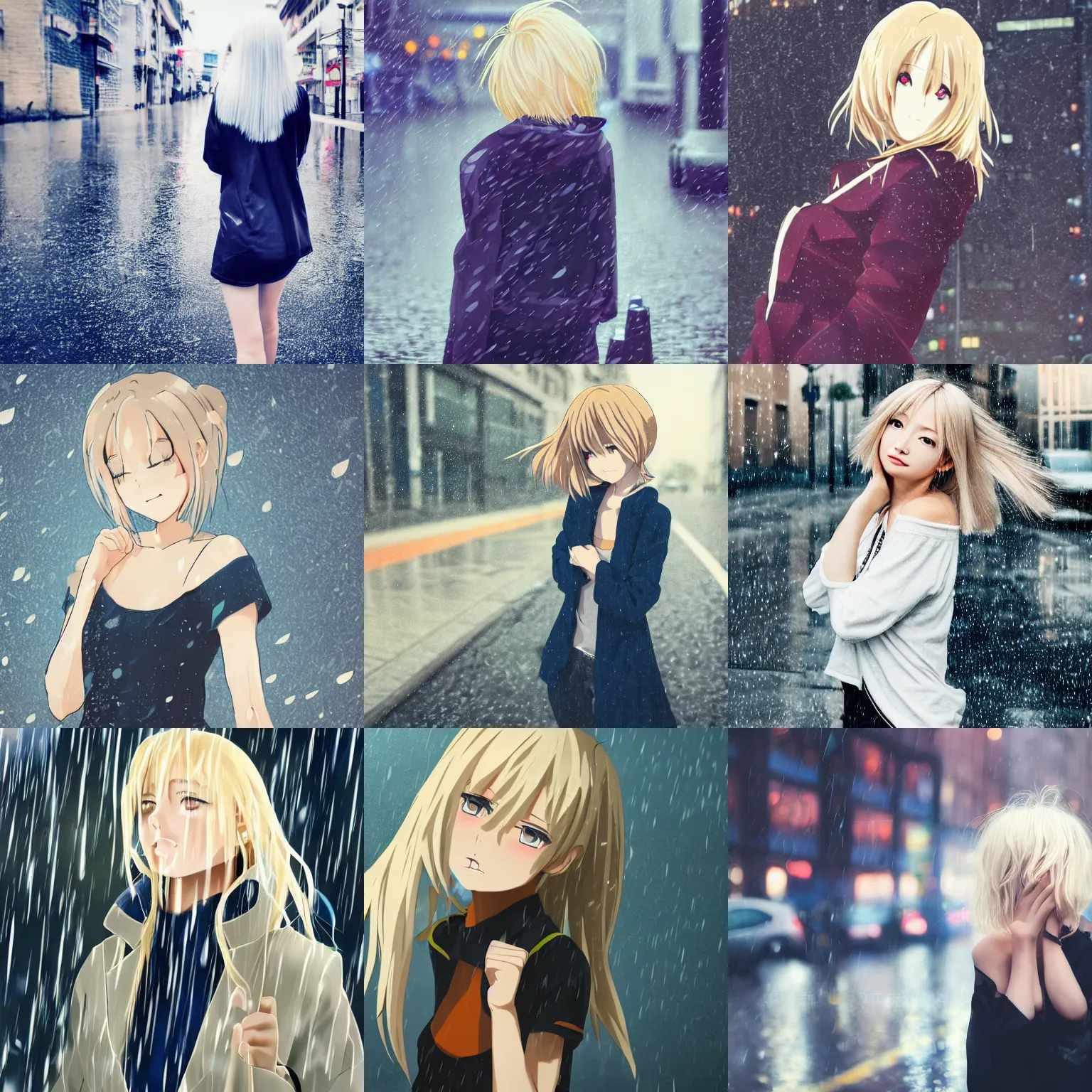 Prompt: high quality anime-style image of an attractive woman, light blonde shoulder-length hair, rainy urban streets, 8k