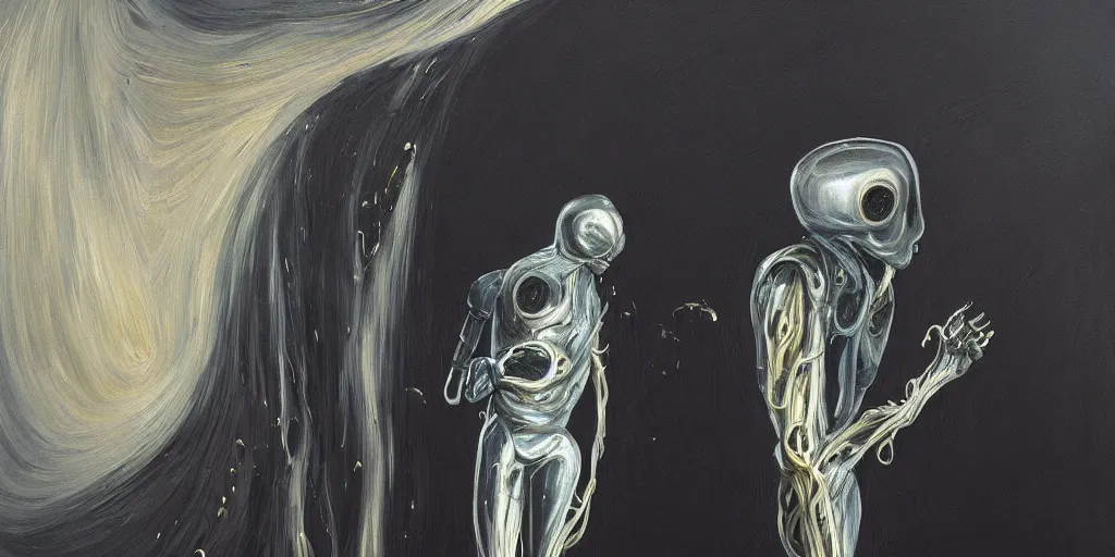 Image similar to realistic robot in The Scream painting inspired by Spaghettification, Mazarineee, artstation