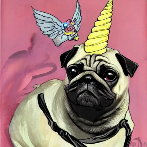 Image similar to a pug with wings and a unicorn horn smoking a cigar