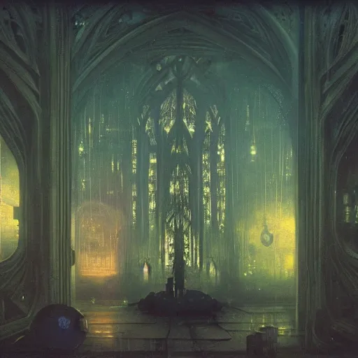 Image similar to detailed painting of bladerunner interior room with celestial ephemeral ornaments and gothic architecture, artstation, beksinski, cinematic