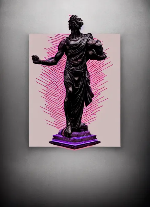 Image similar to elegant dark design poster showing a greco roman statue of apollo, black background with very subtle red and purple design elements, bold, powerful, nekro, vito acconci, thin straight purple lines, dark, glitch art, neo vaporwave, gritty, layout frame, square, trending on artstation