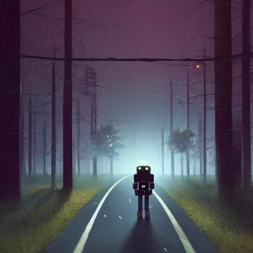 Image similar to Beautiful cinematic scene of a robot walking alongside an empty road surrounded by trees, at night, soft lighting, peaceful, science fiction, award-winning, cinematic lighting, insanely detailed, very realistic, Artstation, Cgsociety, by Simon Stalenhag, directed by Denis Villeneuve, filmic