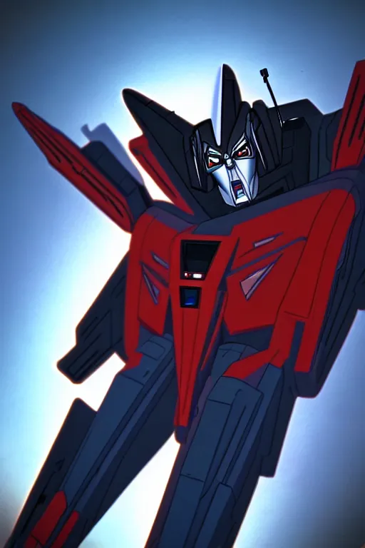 Prompt: a portrait of starscream, in the style of transformers ( 1 9 8 4 ), animated cartoon series, sharp details, toei animation studio, 5 k.