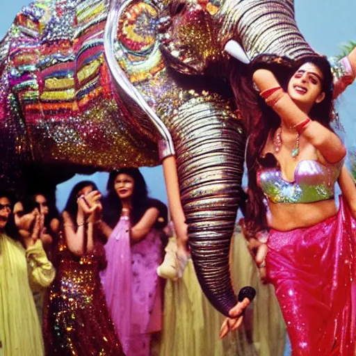 Image similar to 1 9 8 0 s bollywood movie, an elephant wearing a silver latex suit and an iridescent metal helmet surrounded by women dancing in colorful flowing intricate dresses on a tropical alien planet