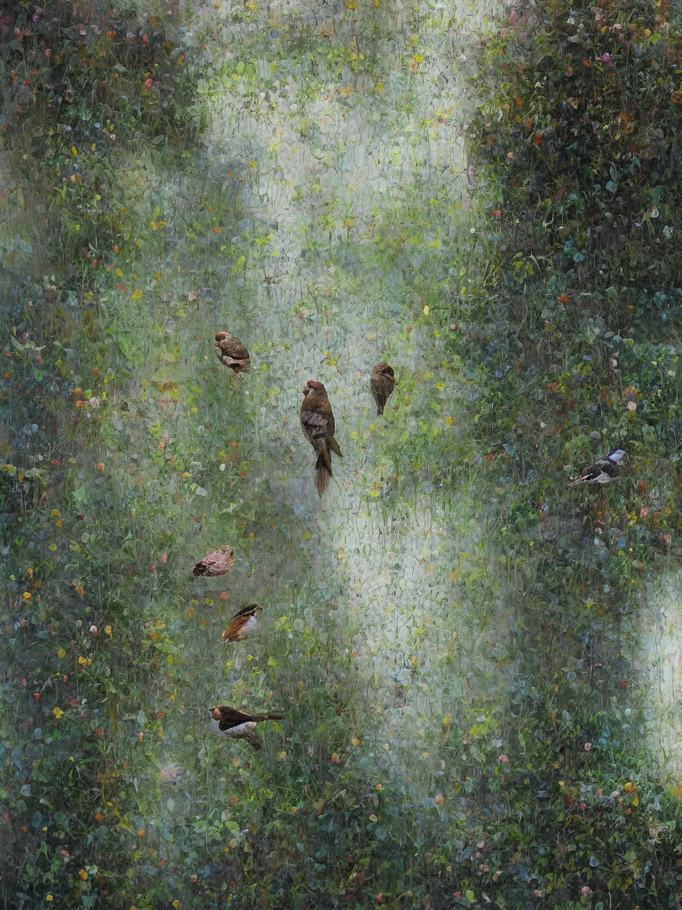 Image similar to abstract wall, hyperrealistic sparrows, impressionist greenery, sea visible through the cracks in the paint. By Gregory Mortenson, Alyssa Monks, Stephen Bauman, Conor Walton, Casey Baugh, Jeremy Lipking, Adam Miller, Mario Robinson. oil on canvas.