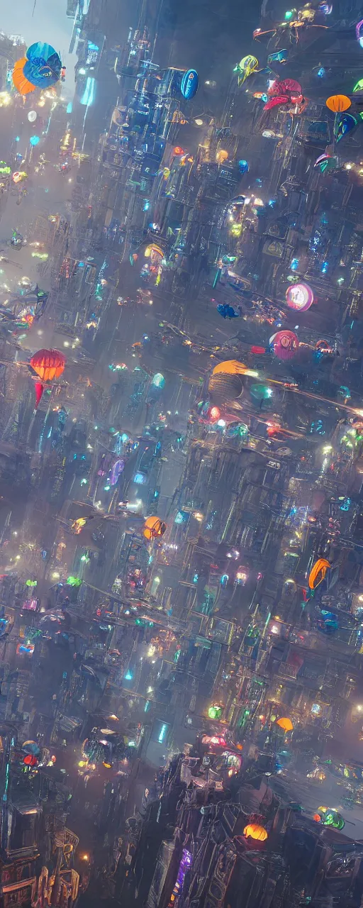 Prompt: elaborately detailed photo art of colorful multiple parachutes flying on cyberpunk city, high fantasy matte painting, atmospheric lighting, highly detailed illustration highlights, 8K detail post-processing, featured on DeviantArt, trending on cgsociety