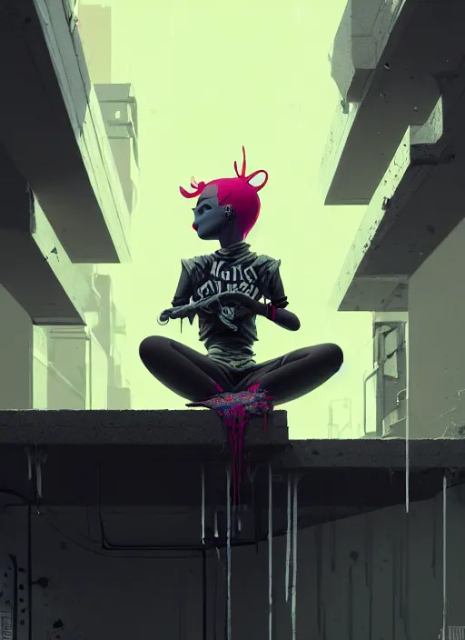 Image similar to highly detailed matte painting, of punk girl sitting on maximalist 3 d calligraphy graffiti tag light eroding grey walls, by atey ghailan, by greg rutkowski, by greg tocchini, by james gilleard, by joe fenton, by kaethe butcher, yellow, brown, black and cyan mystical color scheme, grunge aesthetic, octane render