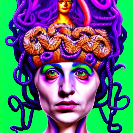 Image similar to an extremely psychedelic portrait of medusa as willy wonka, surreal, lsd, face, detailed, intricate, elegant, lithe, highly detailed, digital painting, artstation, concept art, smooth, sharp focus, illustration