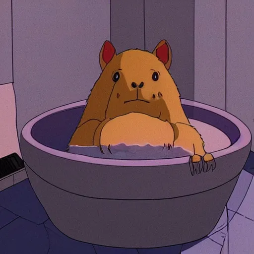 Prompt: the scene of a capybara sitting in a steaming bathtub in the animated movie spirited away by hayao miyazaki, studio ghibli, animated movie, anime, beautiful