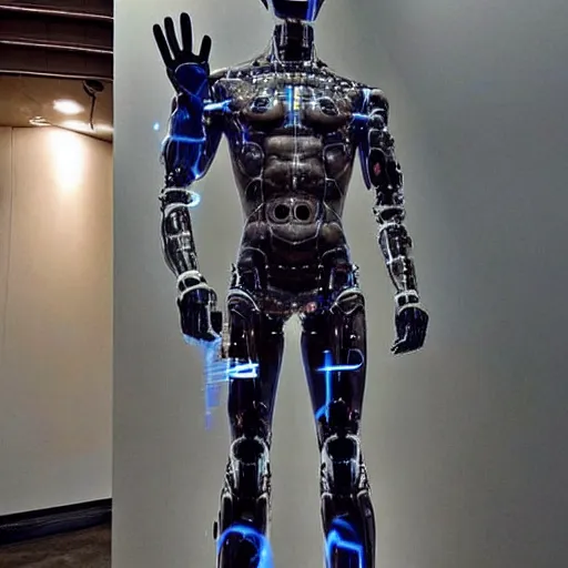 Image similar to “a realistic detailed photo of a guy who is an attractive humanoid who is half robot and half humanoid, who is a male android, Coach Shawn Flaherty, shiny skin, posing like a statue, blank stare, different eye colors, on display, sparks coming out from his body”