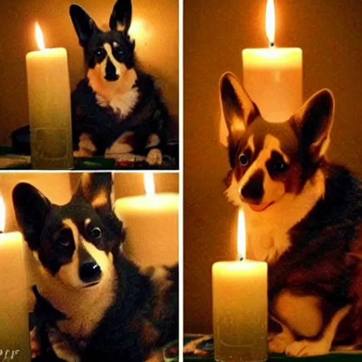 Image similar to gothic cathedral, finely detailed corgi wearing goth makeup, candles, smoke, glow