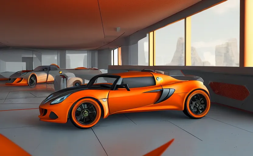 Image similar to futuristic lotus exige ( ( orange ) ) parked within interior view of futuristic auto showroom ( ( frank lloyd wright ) ) luminescent concept art, unreal engine 5, artstation highly detailed, digital art, 8 k hdr, soft lighting, hyperrealistic, godrays