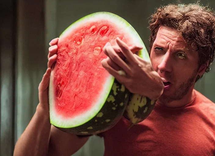 Image similar to film still of a man with a watermelon on his a head in the new horror movie, 4 k