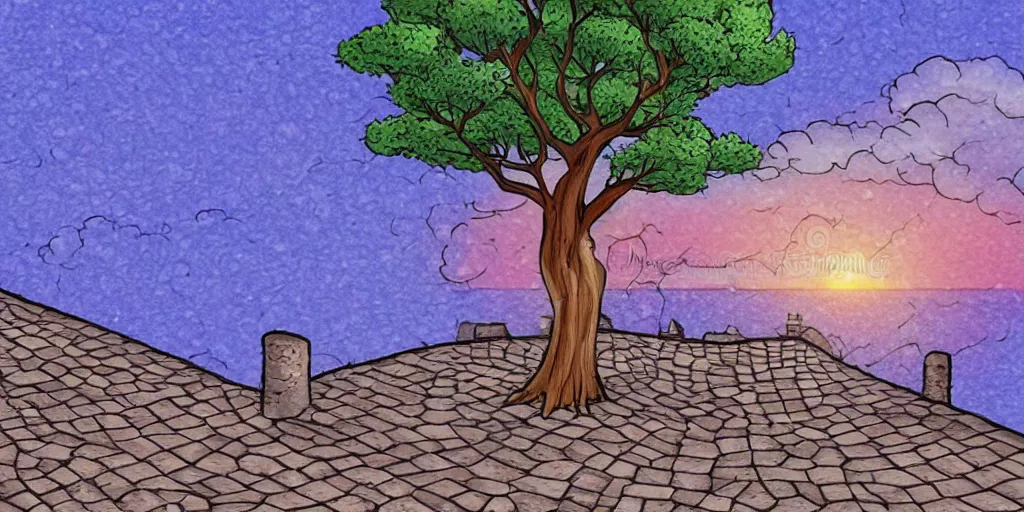 Prompt: a lonely cobblestone street with a tree on a cliff over the sea at sunset, 2d illustration, kawaii manga style