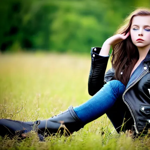 Image similar to young girl lies on a meadow, she wears leather jacket, jeans and black boots, intricate, sharp focus, photo taken by nikon, 4 k, studio lightning