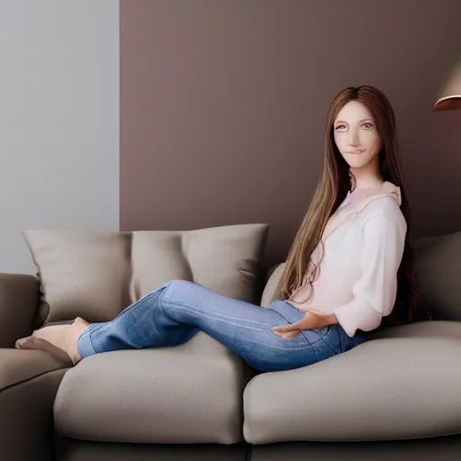 Prompt: Render of April, a cute 3D young woman, long shiny bronze brown hair, full round face, green eyes, medium skin tone, light cute freckles, light blush, smiling softly, wearing casual clothing, relaxing on a modern couch, interior lighting, cozy living room background, medium shot, mid-shot, hyperdetailed, hyperreal, trending on Artstation, Unreal Engine, 4k