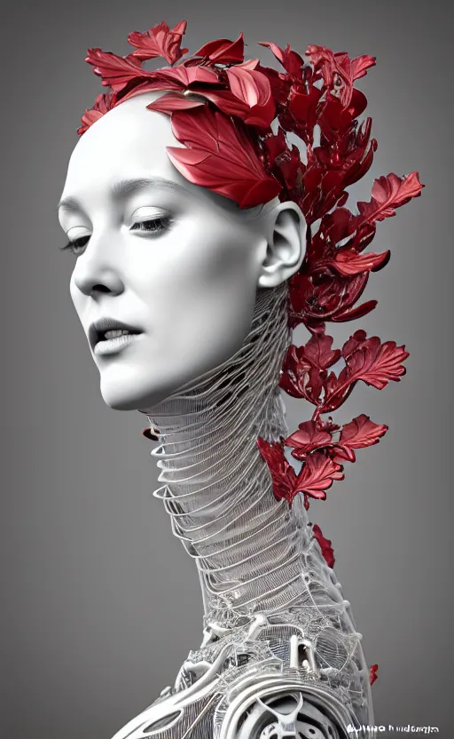 Prompt: complex 3d render ultra detailed of a beautiful porcelain profile woman face, mechanical cyborg, 150 mm, beautiful 3 point lighting, rim light, silver gold red details, luxurious magnolia with leaves and stems, roots, Alexander Mcqueen haute couture, fine foliage lace, mesh wire, filigran intricate details, hyperrealistic, mandelbrot fractal, anatomical, robotic parts, facial muscles, cable electric wires, microchip, elegant, octane render, 8k post-processing