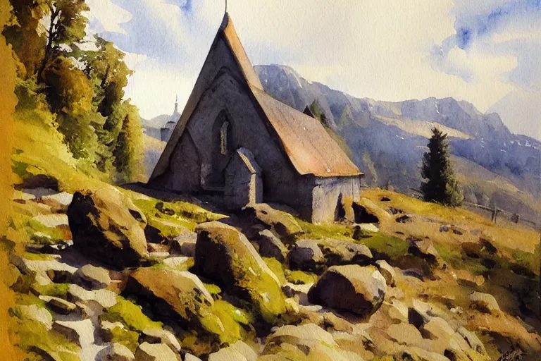 Prompt: small centered on watercolor paper, paint brush strokes, abstract watercolor painting of traditional scandinavian stone church, rough rock, medieval chapel at dawn, cinematic light, national romanticism by hans dahl, by jesper ejsing, by anders zorn, by greg rutkowski, by greg manchess, by tyler edlin