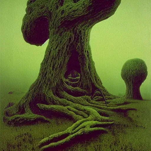 Prompt: witches coven. haunted, dark forest. zdzisław beksinski. surreal architecture, bizzare landscape, precisionism, sickly green color scheme.