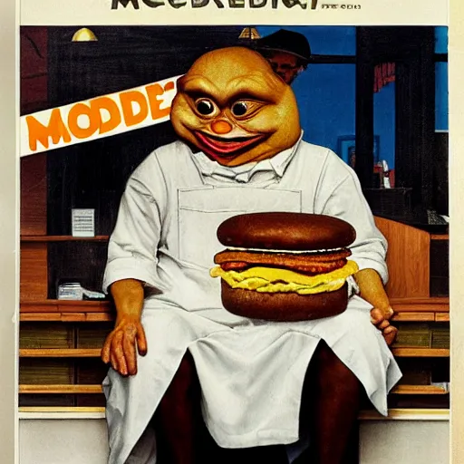 Image similar to pepe working at mcdonalds by norman rockwell