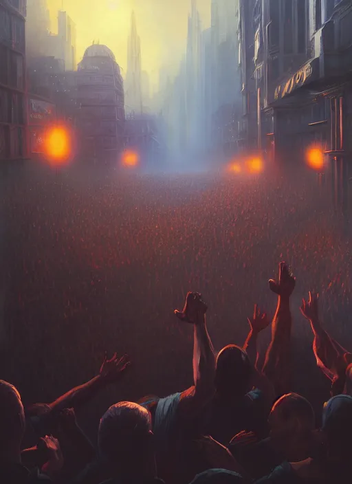 Image similar to painting of a crowd with raised arms pointing toward, demonstration in city, cinematic view, epic sky, detailed, concept art, low angle, high detail, warm lighting, volumetric, godrays, vivid, beautiful, trending on artstation, by jordan grimmer, huge scene, art greg rutkowski