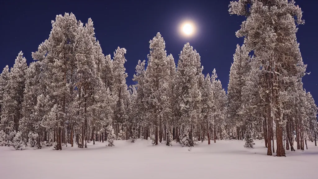 Image similar to Pine tress full of snow, lit by a full moon