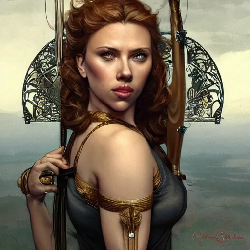 Image similar to Scarlett Johansson as a archer, cute, fantasy, intricate, elegant, highly detailed, centered, digital painting, artstation, concept art, smooth, sharp focus, illustration, art by artgerm and H R Giger and alphonse mucha