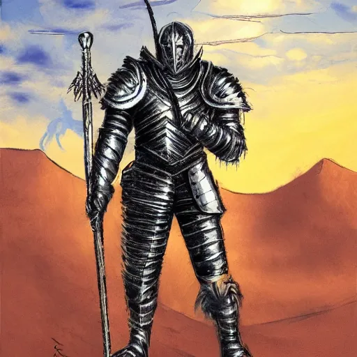 Image similar to a gritty fantasy knight in heavy silver armor holding a large staff standing in a desert, comic book art, fantasy, oil painting, art by jim lee, bright, golden hour, dramatic,