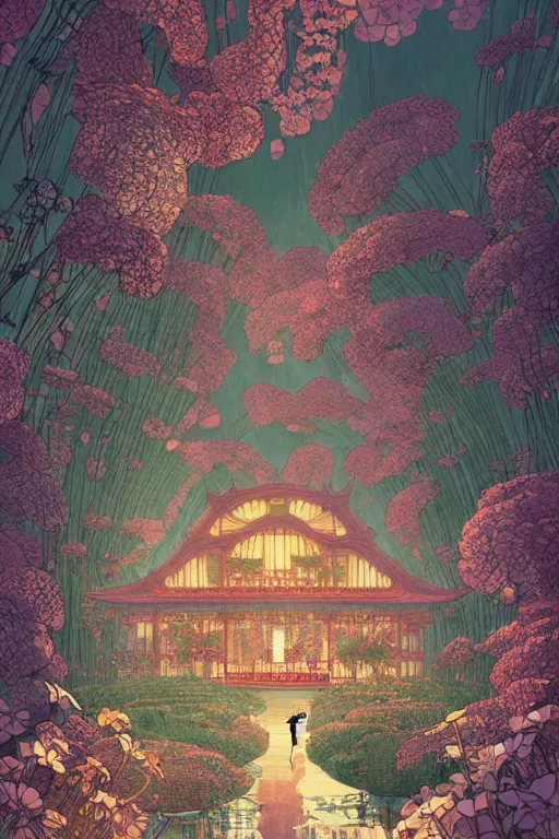 Image similar to a beautiful hyperdetailed matte illustration victo ngai style of absolutely beautiful blooming flower house, from china, perfectly shaded, atmospheric lighting, style of studio ghibli, makoto shinkai, raphael lacoste, louis comfort tiffany, artgerm, james jean, ross tran, chinese style