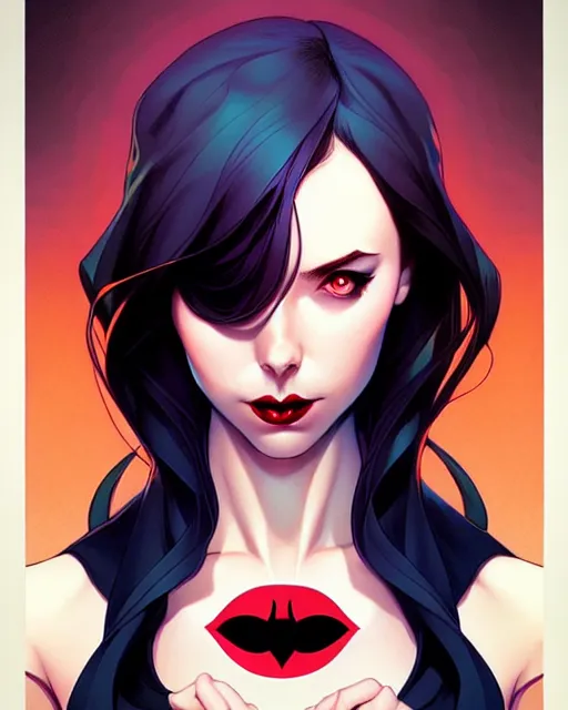 Image similar to artgerm, joshua middleton comic cover art, full body pretty kacey rohl vampire, symmetrical eyes, symmetrical face, long curly black hair, dark castle background background, cinematic lighting