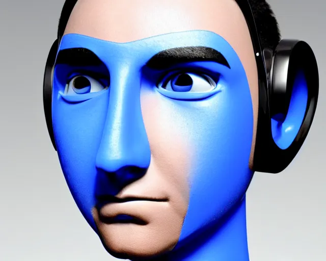 Image similar to A blue skin cyborg robot college student with a black antennae for a nose