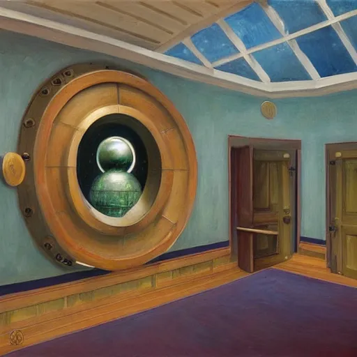 Image similar to giant bathysphere interior, portholes, comedic, dystopian, grant wood, pj crook, edward hopper, oil on canvas