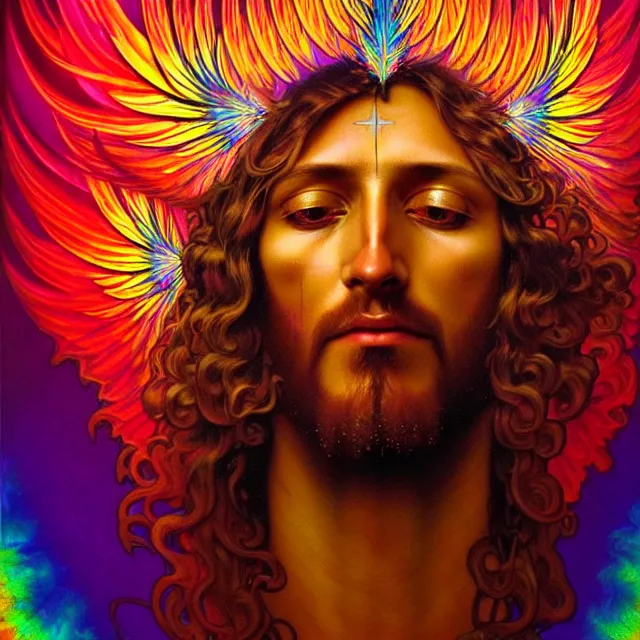 Prompt: face of jesus psychedelic transcendent feather mind bending psychedelic wings of glossy liquid honey flowing like kaleidoscopic translucent holograph, lsd feathers, feathery fluff, enlightenment, high contrast dappled lighting, refracted sunset, highly detailed, concept art, art by collier, albert aublet, krenz cushart, artem demura, alphonse mucha