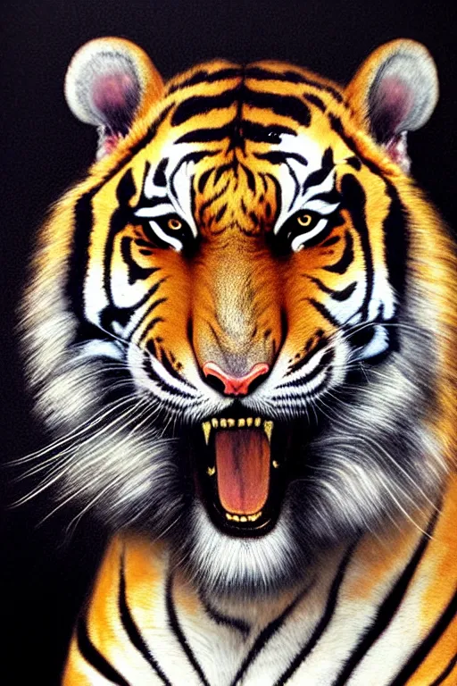 Image similar to hyper realistic portrait of a fierce tiger in the style of wayne barlowe, gustav moreau, goward, bussiere, roberto ferri, santiago caruso, luis ricardo falero, austin osman spare