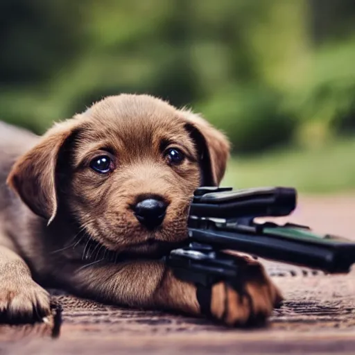 Image similar to a cute little puppy pointing a toy gun at the camera