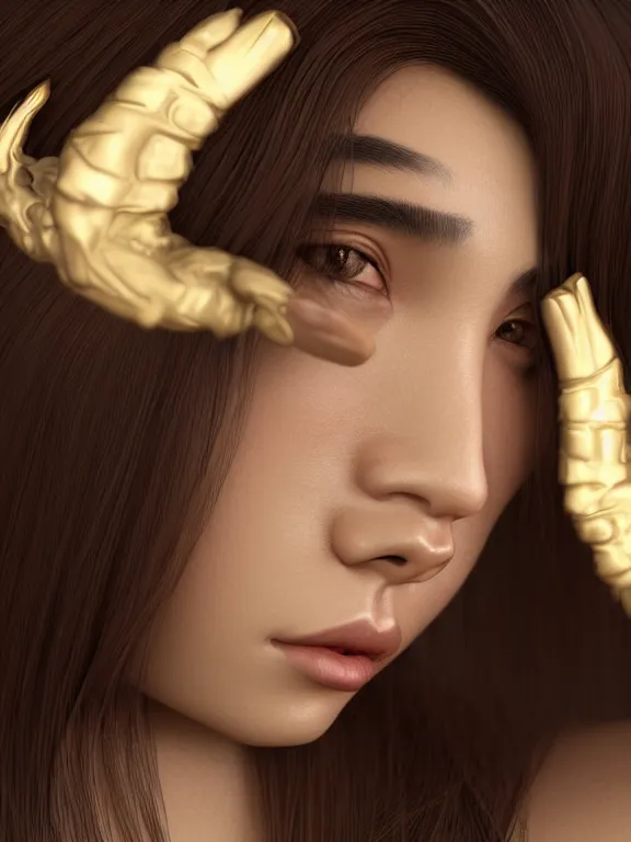 Image similar to 3d render Portrait of a woman, Chinese-French mixed race, one quarter French, three quarters Chinese minority, subtropical ethnicity, ivory skin, dark brown long hair, dark brown eyes, wearing fantasy costume,intricate, elegant, highly detailed, dim volumetric lighting, abstract, 8k,octane,post-processing,digital painting, trending on artstation, concept art, smooth, sharp focus, by greg rutkowski and alphonse mucha